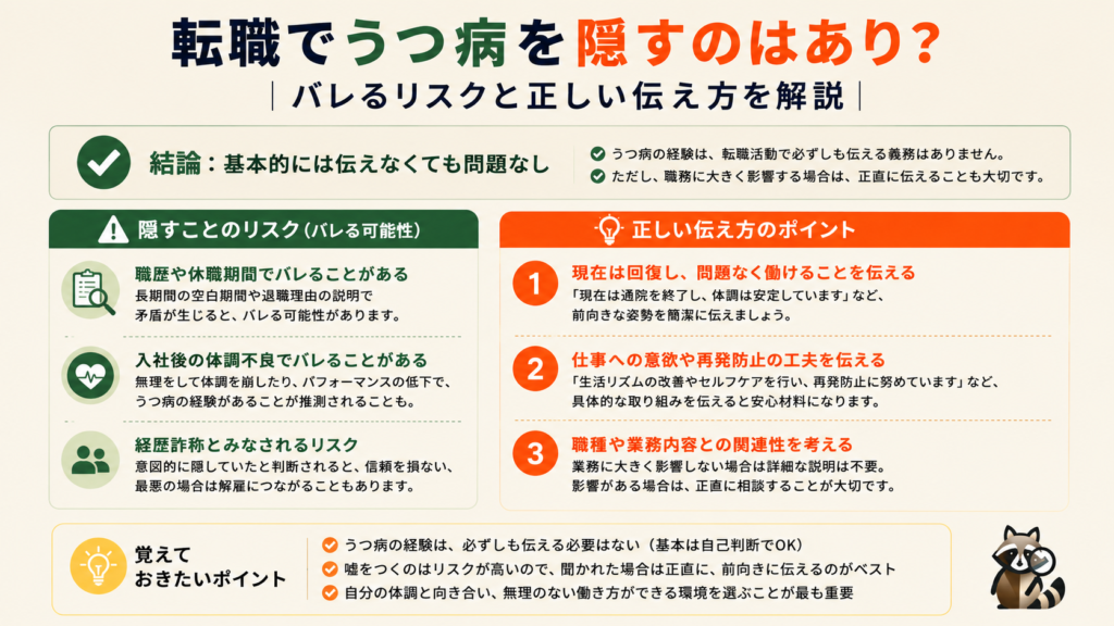 転職でうつ病を隠すリスク・正しい伝え方のまとめ画像