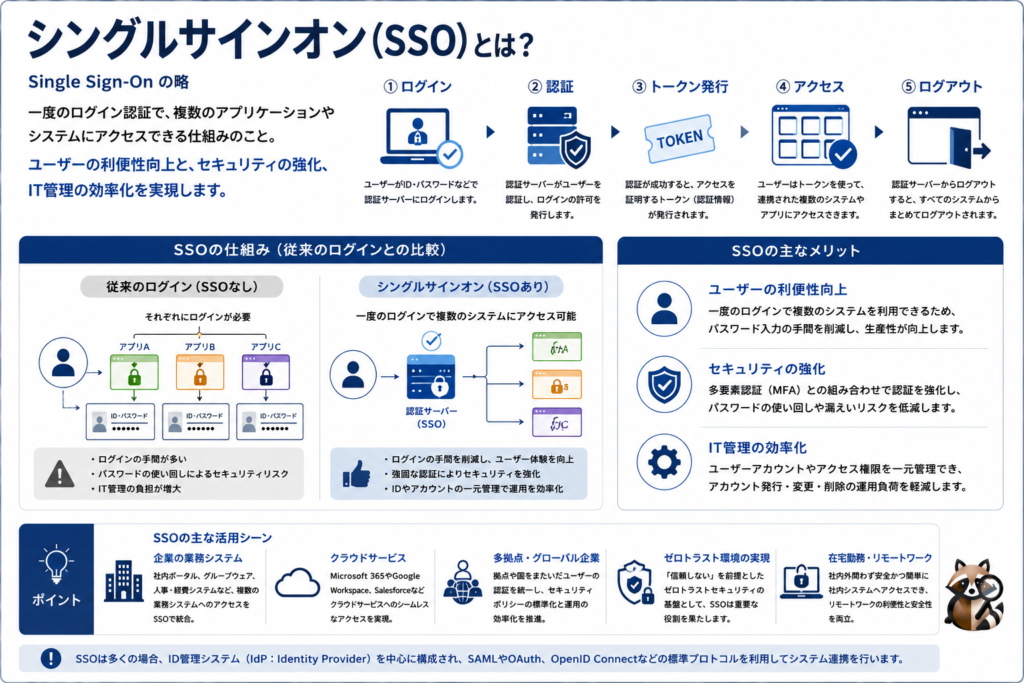 シングルサインオン（SSO）の概要を説明するサマリ画像